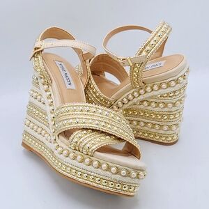 Steve Madden Juniper Raffia Platform Gold Pearls Accent Wedge Sandals Size 11.